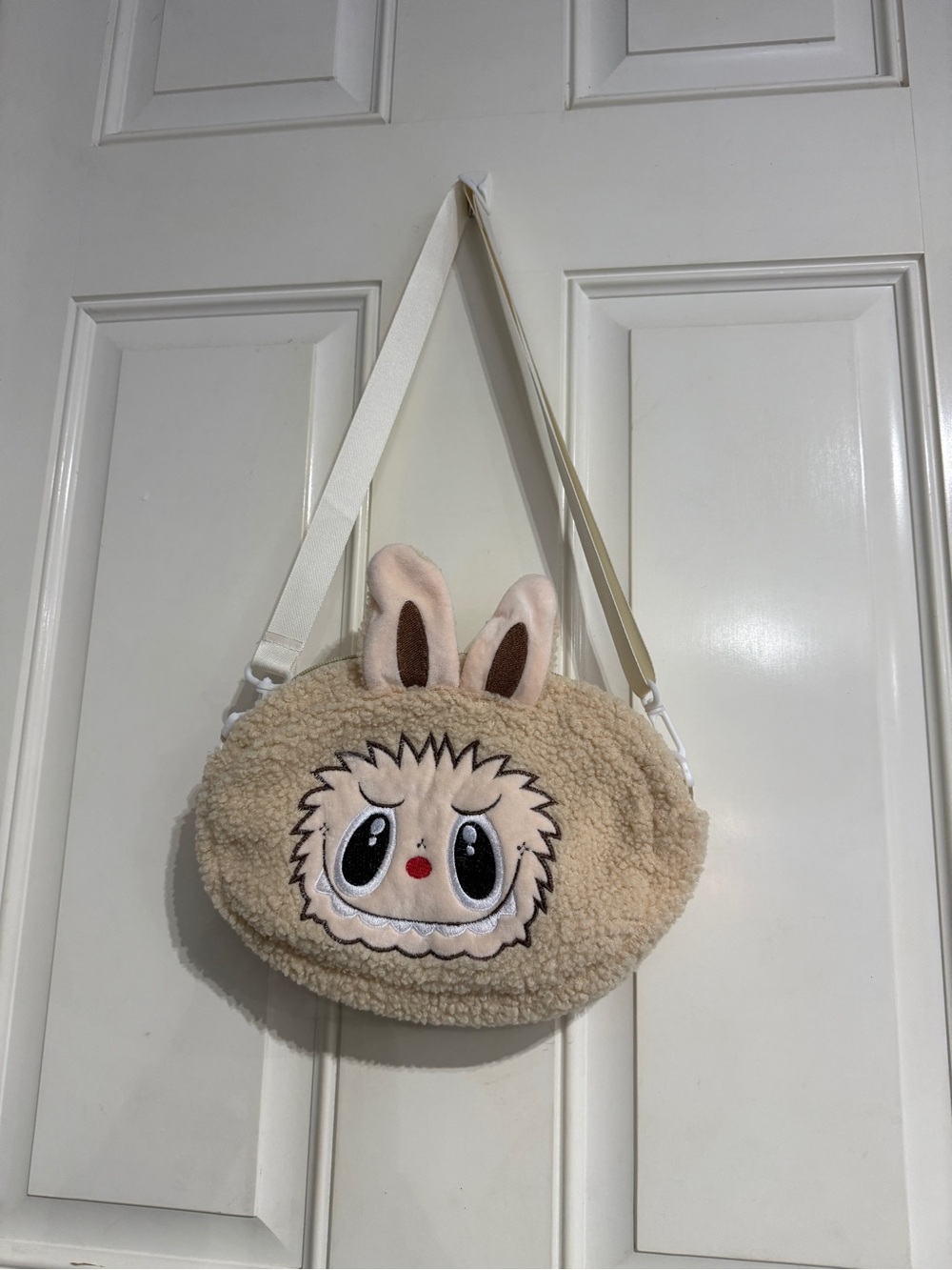 Kids Plush Labubu Face Crossbody Bag - Beige